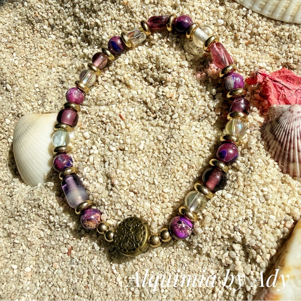 BOHO MINIMALIST Purple TURQUOISE and ANTIQUE Gold Beaded Stretch Bracelet